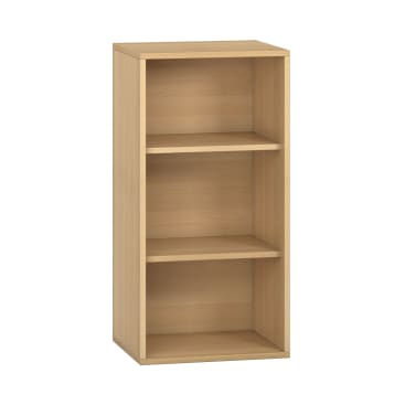 Ein helles, holzfarbenes, rechteckiges Bücherregal mit drei Regalen und offener Front auf weißem Grund. Das Regal hat klare, einfache Linien und keine sichtbaren Beschläge oder Verzierungen.