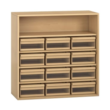 Ein Aufbewahrungsmöbel aus hellem Holz mit einem offenen oberen Regal und zwölf ausziehbaren Schubladen aus klarem Kunststoff, die in drei Viererreihen angeordnet sind. Die Schubladen sind mit Griffen versehen, und der Schrank ist vor einem weißen Hintergrund fotografiert.