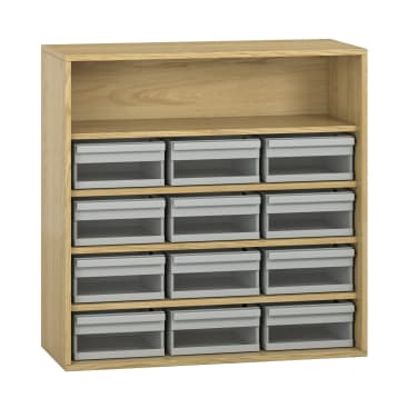 Ein Holzregal mit einem offenen oberen Regalboden und zwölf grauen, ausziehbaren Schubladen aus Kunststoff, die in drei Reihen mit je vier Schubladen angeordnet sind.