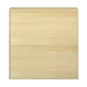 Ein rechteckiger Schrank aus hellem Holz mit glatter, flacher Front und ohne sichtbare Griffe oder dekorative Details, fotografiert vor einem weißen Hintergrund.