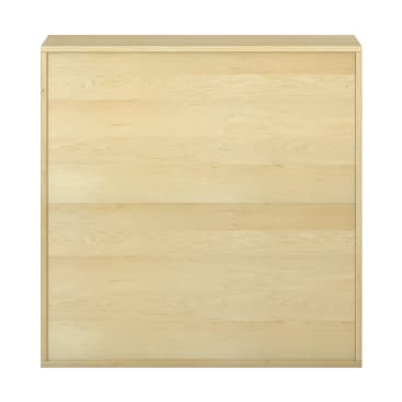Ein Schrank aus hellem Holz mit einfacher, flacher Front und klaren Linien, der vor einem weißen Hintergrund gezeigt wird. Die Oberfläche erscheint glatt und schmucklos, ohne sichtbare Griffe oder Verzierungen.