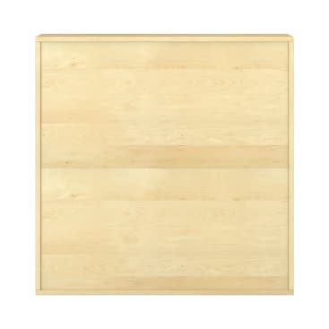 Ein quadratischer Schrank aus hellem Holz in minimalistischem Design, mit glatter Oberfläche und ohne sichtbare Griffe oder Verzierungen.
