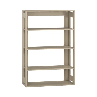 Ein beigefarbenes, rechteckiges, offenes Bücherregal mit vier gleichmäßig verteilten Regalböden und einem minimalistischen Design vor einem schlichten weißen Hintergrund.