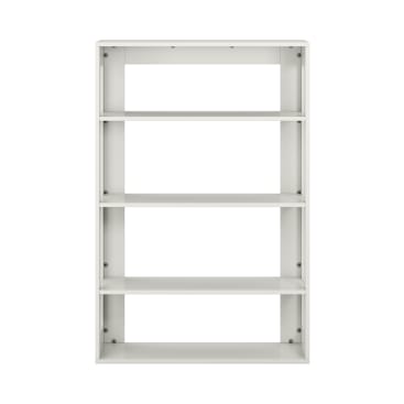Ein weißes, rechteckiges Bücherregal mit vier gleichmäßig verteilten Einlegeböden und einer offenen Rückwand, fotografiert vor einem schlichten weißen Hintergrund.