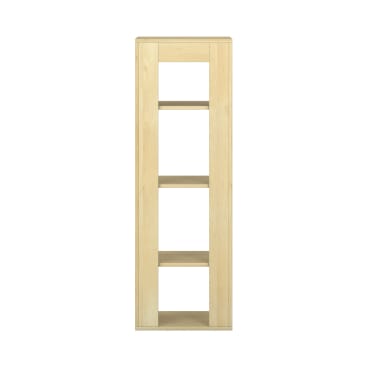 Ein hohes, rechteckiges Regal aus hellem Holz mit vier Regalböden, von vorne gesehen vor einem schlichten weißen Hintergrund. Die Regale sind gleichmäßig verteilt und das Design ist einfach und modern.