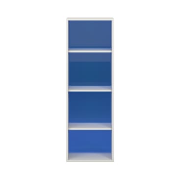 Ein hohes, rechteckiges Bücherregal mit vier Einlegeböden und einem blauen Innenraum, eingerahmt von einem weißen Außenrand, fotografiert vor einem schlichten weißen Hintergrund.