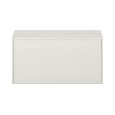 Ein rechteckiger weißer Aufbewahrungsschrank mit einem klaren, minimalistischen Design und einer flachen Platte, fotografiert vor einem schlichten weißen Hintergrund.