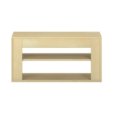 Ein rechteckiger Konsolentisch aus hellem Holz mit offenem Design und einer breiten Ablage in der Mitte sowie einer offenen Ablage unten. Der Tisch hat klare, gerade Linien und eine natürliche Holzoberfläche.