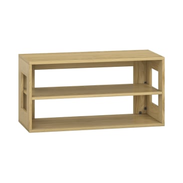 Ein rechteckiges Holzregal mit zwei offenen Regalböden und seitlichen Aussparungen vor weißem Hintergrund.