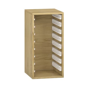 Ein hölzerner Aufbewahrungsschrank mit offener Front und acht weißen Kunststoffwinkeln oder -schienen an den Innenseiten, die zur Aufnahme von Regalen oder Tabletts dienen. Der Schrank hat eine helle Holzoberfläche.