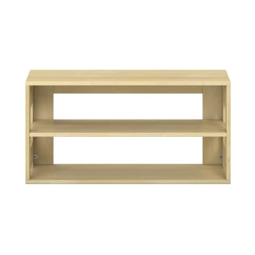 Rechteckiges Bücherregal aus hellem Holz mit zwei offenen Fächern und einem einfachen, minimalistischen Design, fotografiert vor einem weißen Hintergrund.