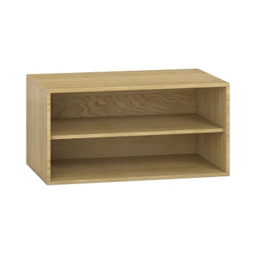 Ein rechteckiges Holzregal mit offener Vorderseite und einem einzigen horizontalen Fachboden, der es in zwei Fächer unterteilt. Das Holz hat eine helle, natürliche Oberfläche. Der Hintergrund ist einfarbig weiß.