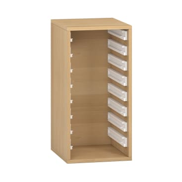 Ein Holzschrank mit offener Front und acht weißen Kunststoffschienen, die gleichmäßig auf den inneren Seitenwänden verteilt sind, um Schubladen zu halten. Der Schrank ist leer.