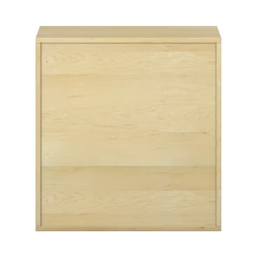 Ein Schrank aus hellem Holz mit einer flachen Platte, glatter Front und minimalistischem Design. Der Schrank hat eine rechteckige Form und keine sichtbaren Griffe oder Verzierungen.
