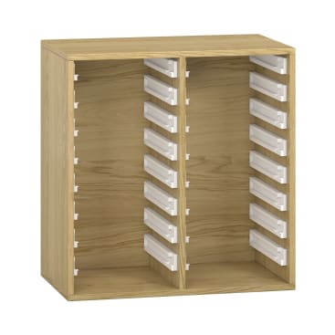 Ein Holzregal mit zwei vertikalen Fächern, die jeweils mit mehreren Reihen weißer Kunststoffschienen an den Seiten für die Aufnahme von Tabletts oder Schubladen ausgestattet sind. Der Schrank ist leer und hat eine natürliche Holzoberfläche.
