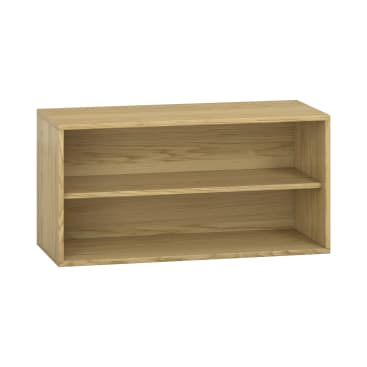Rechteckiges Bücherregal aus naturbelassenem Holz mit einem verstellbaren Einlegeboden und einer offenen Front. Das Bücherregal ist vor einem weißen Hintergrund fotografiert.