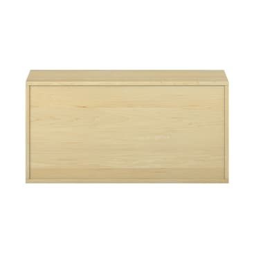 Eine rechteckige Aufbewahrungsbox aus hellem Holz mit flacher Oberseite und glatten Seiten, abgebildet vor einem weißen Hintergrund. Der Kasten ist geschlossen und hat keine sichtbaren Griffe oder dekorativen Elemente.