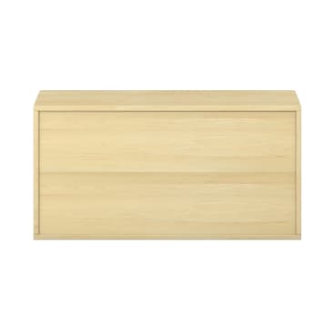 Ein Aufbewahrungsschrank oder Schubladenelement aus hellem Holz mit einfachem, rechteckigem Design und einer flachen Platte, dargestellt vor einem weißen Hintergrund.