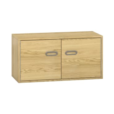 Ein rechteckiger Holzschrank mit heller Holzoberfläche und zwei Vordertüren mit ovalen Metallgriffen. Der Schrank ist schlicht, ohne sichtbare Einlegeböden oder Verzierungen.