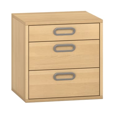 Ein Holzschrank mit drei Schubladen und Metallgriffen, der in einer hellen Holzfarbe ausgeführt ist. Der Schrank hat ein einfaches, kastenförmiges Design und ist vor einem weißen Hintergrund fotografiert.