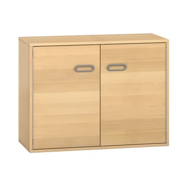 Ein rechteckiger Schrank aus hellem Holz mit zwei Türen, die mit ovalen Griffen versehen sind. Der Schrank hat ein einfaches, modernes Design und ist vor einem weißen Hintergrund platziert.