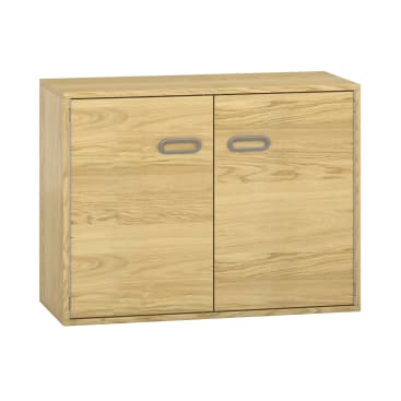 Ein rechteckiger Schrank aus hellem Holz mit zwei Vordertüren, die jeweils mit einem ovalen silbernen Griff versehen sind. Das Holz hat eine natürliche Maserung, und der Schrank ist vor einem schlichten weißen Hintergrund abgebildet.