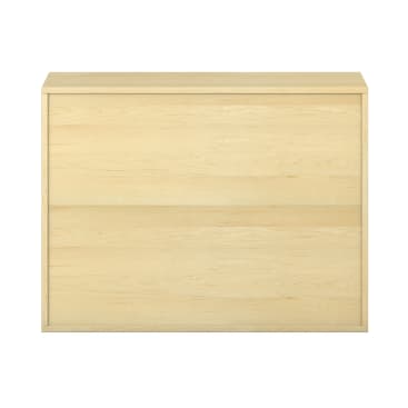 Eine helle Holzkommode mit zwei breiten Schubladen, von vorne gesehen vor einem schlichten weißen Hintergrund. Das Design ist einfach und minimalistisch, ohne sichtbare Griffe oder dekorative Elemente.