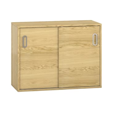 Ein rechteckiger Schrank aus hellem Holz mit zwei Schiebetüren und oval ausgeschnittenen Griffen. Der Schrank hat ein einfaches, modernes Design mit einer natürlichen Holzmaserung.