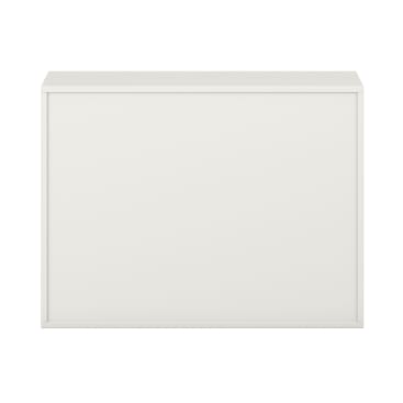 Ein schlichter, rechteckiger, weißer Schrank mit einer flachen Oberseite und einer glatten Vorderseite, dargestellt vor einem weißen Hintergrund. Der Schrank hat keine sichtbaren Griffe oder dekorativen Elemente.
