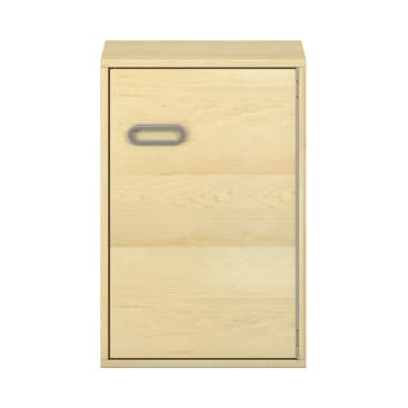 Heller Holzschrank mit einer einzigen Tür, die einen rechteckigen Griffausschnitt oben links aufweist. Der Schrank hat ein einfaches, kastenförmiges Design und sichtbare Holzmaserungen. Das Bild ist vor einem weißen Hintergrund aufgenommen.