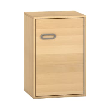 Ein rechteckiger Holzschrank mit heller Holzoberfläche, mit einer einzigen Tür und einem horizontalen ovalen Griff in der Nähe der oberen linken Seite der Tür.