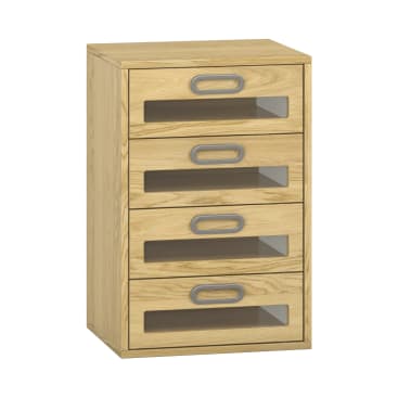 Ein heller Holzschrank mit fünf Schubladen, die jeweils mit einem horizontalen rechteckigen Griff und einer transparenten Platte auf der Vorderseite ausgestattet sind. Der Schrank hat ein einfaches, modernes Design.