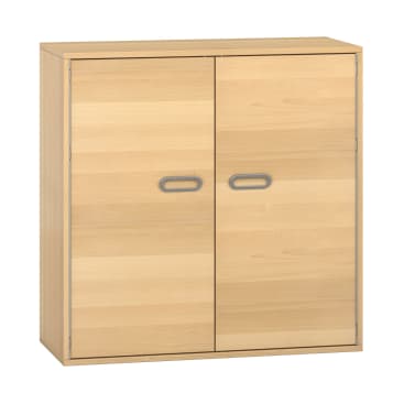 Ein heller Holzschrank mit zwei Türen, die jeweils einen grauen, ovalen Griff in der Mitte aufweisen. Der Schrank hat ein einfaches, rechteckiges Design und keine sichtbaren Einlegeböden oder dekorativen Elemente.