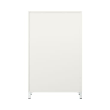 Ein schlichter, weißer, rechteckiger Schrank mit vier kurzen Beinen, der von vorne vor einem weißen Hintergrund gezeigt wird. Der Schrank hat eine glatte Oberfläche und keine sichtbaren Griffe oder dekorativen Elemente.