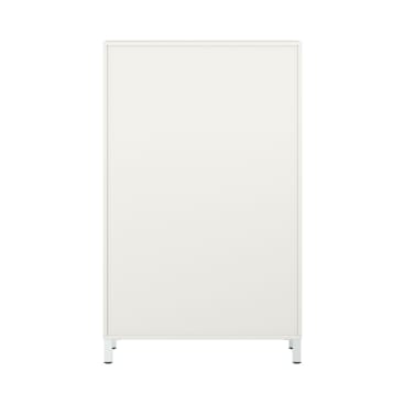 Ein schlichter, rechteckiger weißer Schrank mit flacher Front und vier kurzen Beinen, fotografiert vor einem weißen Hintergrund. Der Schrank hat keine sichtbaren Griffe, Scharniere oder dekorativen Elemente.