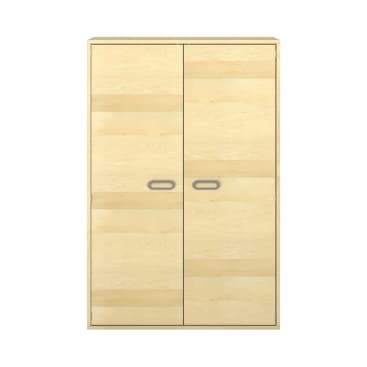 Ein heller holzfarbener Schrank mit zwei Türen und zwei rechteckigen Griffen in der Mitte, fotografiert vor einem schlichten weißen Hintergrund.