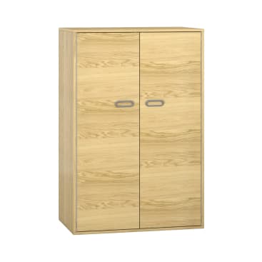 Ein rechteckiger Schrank aus hellem Holz mit zwei Türen und silbernen Griffen, fotografiert vor einem weißen Hintergrund. Der Schrank hat ein einfaches, modernes Design und eine glatte Oberfläche.