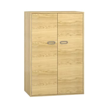 Ein rechteckiger Holzschrank mit heller Holzoberfläche, zwei Türen und zwei horizontalen silbernen Griffen auf weißem Hintergrund.