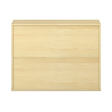 Eine Kommode aus hellem Holz mit zwei breiten Schubladen, die sich durch ein schlichtes und modernes Design auszeichnet. Die Oberfläche und die Schubladenfronten sind glatt, ohne sichtbare Griffe oder Verzierungen. Die Kommode ist von vorne vor einem weißen Hintergrund zu sehen.