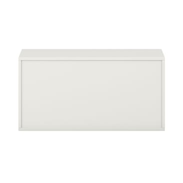 Ein schlichter, rechteckiger, weißer Aufbewahrungsschrank mit geschlossener Frontplatte, dargestellt vor einem weißen Hintergrund. Das Design ist minimal und modern, mit klaren Linien und ohne sichtbare Griffe oder Beschläge.