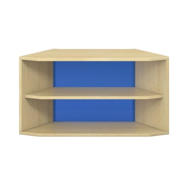 Ein Eckregal aus Holz mit zwei Einlegeböden und einer blauen Rückwand, fotografiert vor einem weißen Hintergrund.