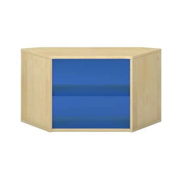 Ein Eckregal aus Holz mit sechseckiger Form und zwei blauen Einlegeböden, fotografiert vor weißem Hintergrund.