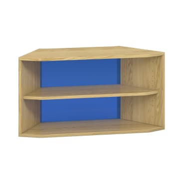 Ein Eckregal aus Holz mit zwei Böden und einer blauen Rückwand, das in eine Ecke passt. Die Oberfläche ist mit einem hellen Holzdekor versehen. Das Regal steht allein auf einem weißen Hintergrund.