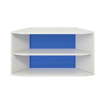 Ein weißes, eckiges Regal mit zwei Einlegeböden und einer blauen Rückwand, von vorne gesehen vor einem weißen Hintergrund.