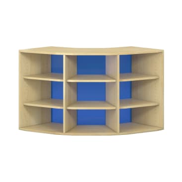 Ein Eckregal aus Holz mit heller Holzoberfläche, blauen Rückwänden und mehreren offenen, symmetrisch angeordneten Regalböden.