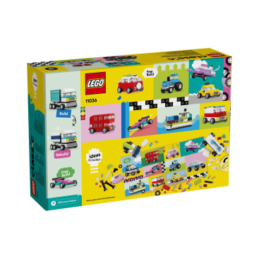 Die Rückseite einer LEGO Classic Schachtel zeigt bunte Bilder von verschiedenen Fahrzeugen, die gebaut werden können, darunter ein Bus, ein Auto, ein Lastwagen und ein Flugzeug. Auf der Schachtel sind das LEGO Logo und die Setnummer 11036 abgebildet.