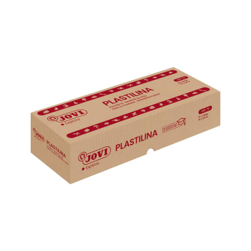 Eine rechteckige braune Pappschachtel mit der Aufschrift Jovi Plastilina mit rotem und weißem Text und Grafiken, die für die Verpackung von Knetmasse bestimmt ist. Der Karton ist geschlossen und vor einem weißen Hintergrund abgebildet.
