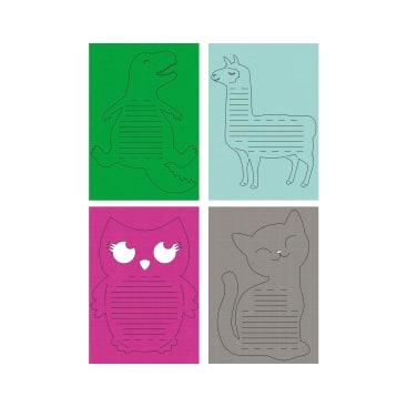 Vier rechteckige Notizblöcke in grün, blau, rosa und grau, jeder in Form eines anderen Tieres: ein Dinosaurier, ein Lama, eine Eule und eine Katze. Jeder Notizblock hat Linien zum Schreiben.