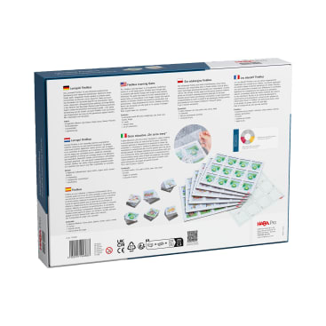 Die Rückseite einer HABA Pro-Brettspielschachtel ist abgebildet. Sie enthält eine mehrsprachige Anleitung, mehrere Symbole, einen Strichcode, Produktinformationen und ein Bild von Spielkarten und Spielbrettern, die in der unteren rechten Ecke ausgebreitet sind.