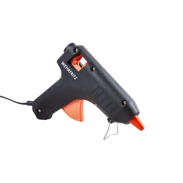 Eine schwarz-orangefarbene HABA Pro Heißklebepistole mit einer Kordel, von der Seite auf weißem Hintergrund dargestellt.